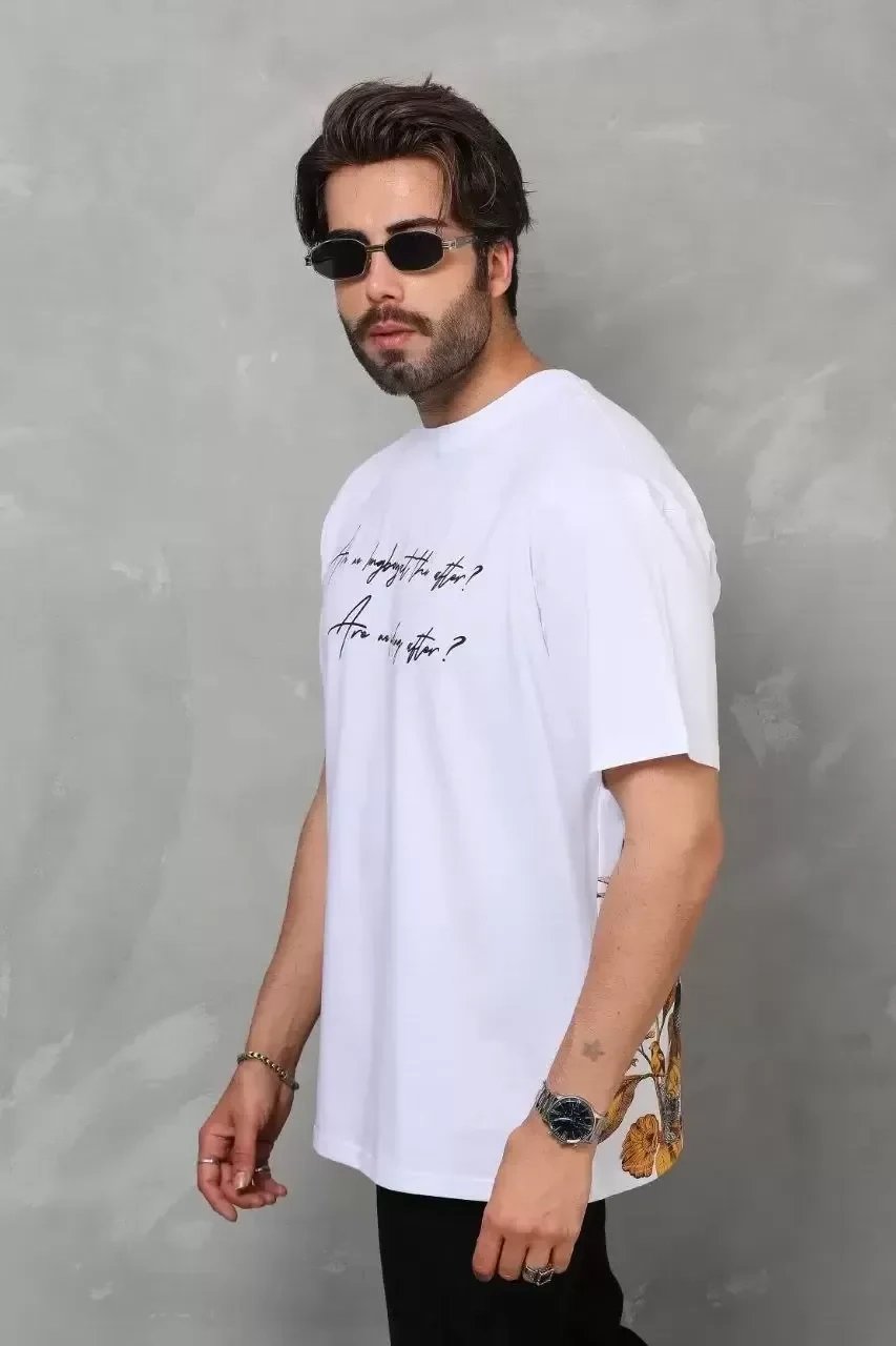 Λευκό Ανδρικό Oversize Ποδήλατο Λαιμό Τυπωμένο T-shirt 7