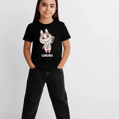 Devojačka crna Labubu štampana oversize majica 2