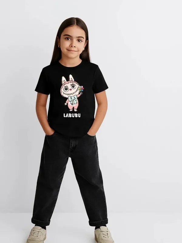 Devojačka crna Labubu štampana oversize majica 2