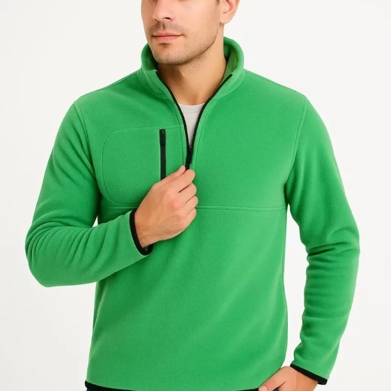 Men's Green Polar Stand Collar Half Zip Chest Pocket Sweater
