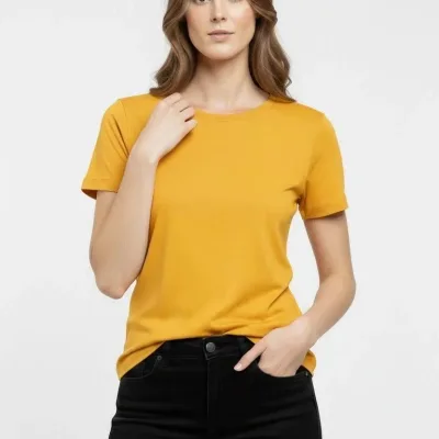 Damski żółty elastyczny slim fit T-shirt z dekoltem w serek, podstawowy 2