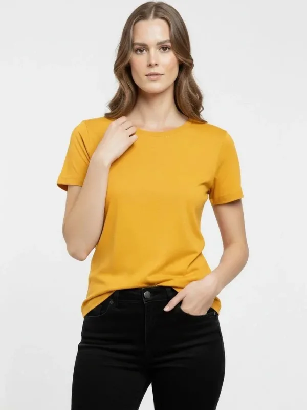 Damski żółty elastyczny slim fit T-shirt z dekoltem w serek, podstawowy 2