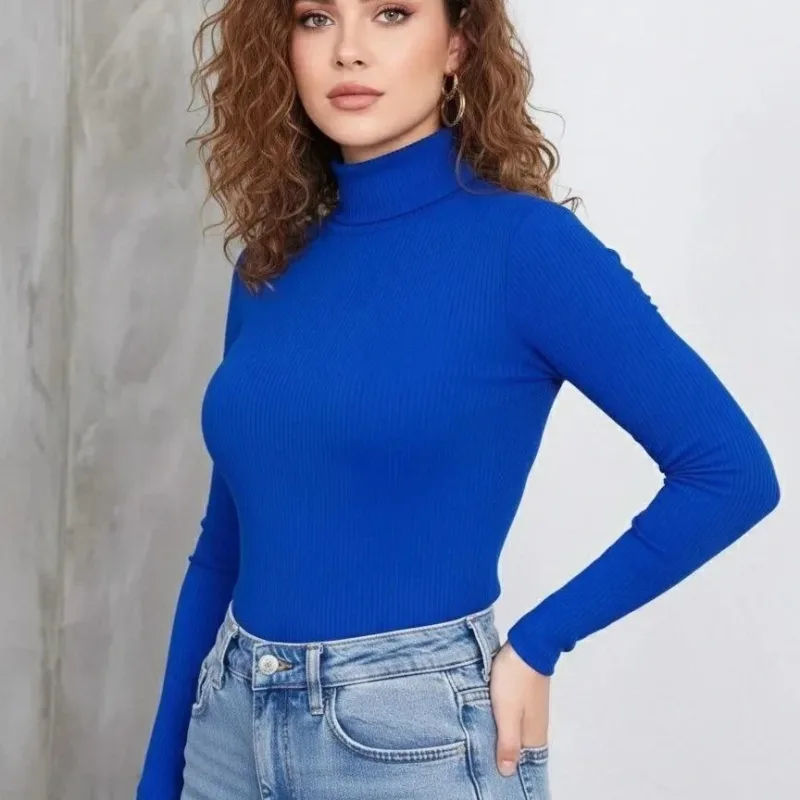 Dámské saks modré s vysokým výstřihem žebrované lycrové dlouhé rukávy body
