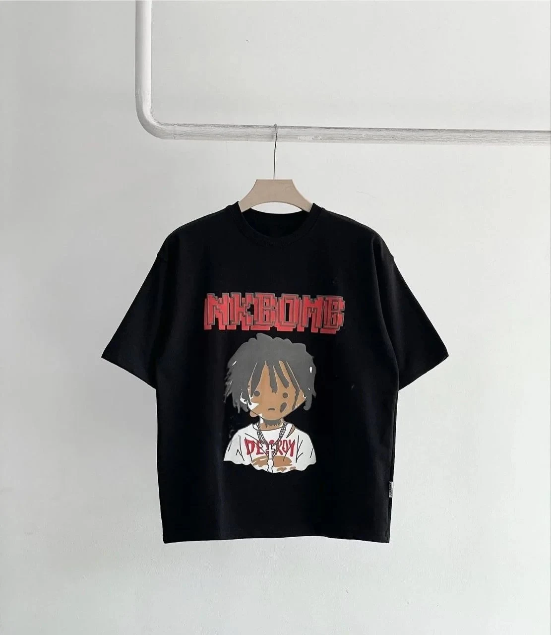 Dětské černé potištěné oversized tričko s kulatým výstřihem