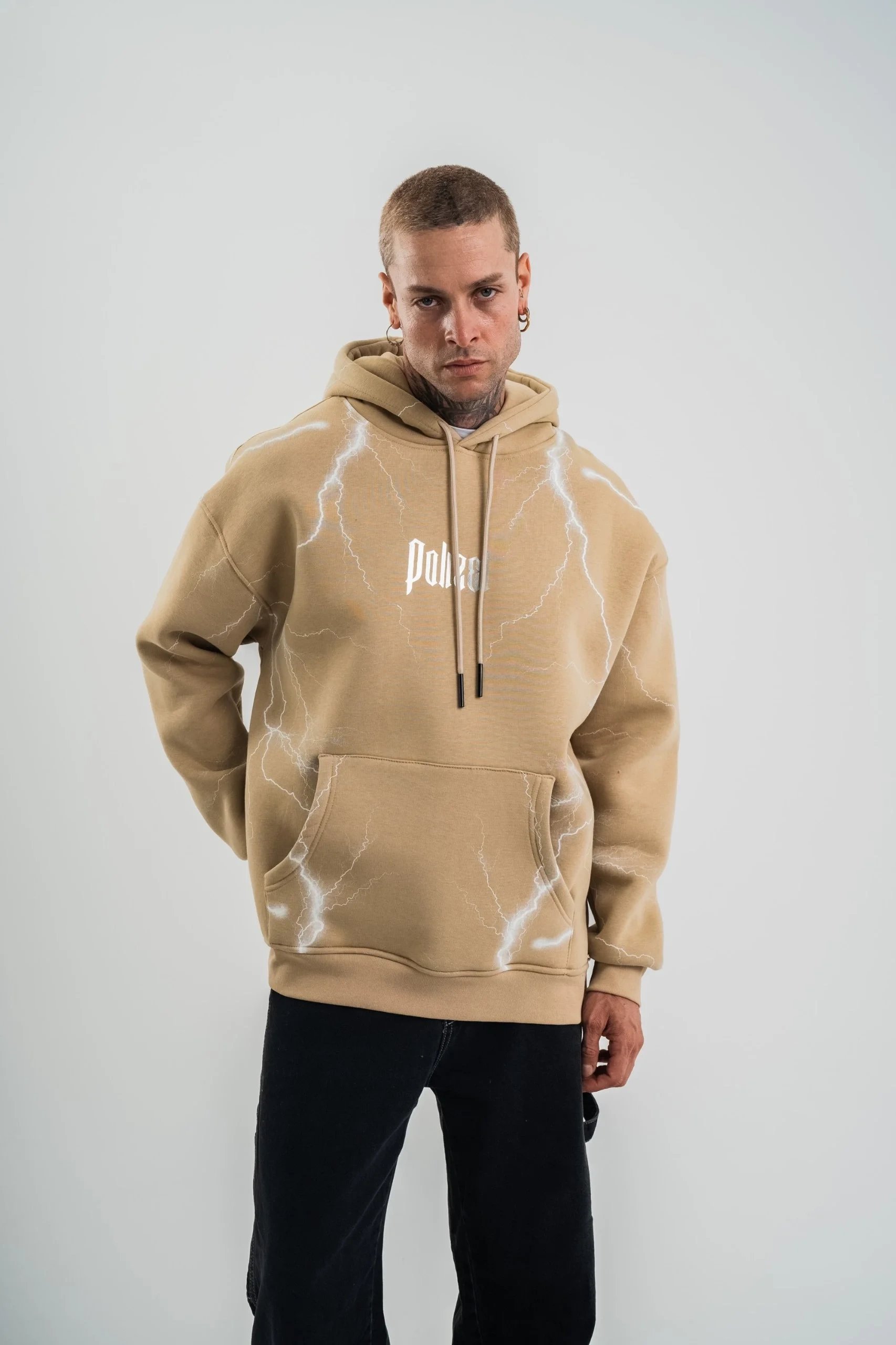 Ανδρικό Καπνιστό Oversize 3-Κλωστή Βαμβακερό Τυπωμένο Κουκουλοφόρο Sweatshirt