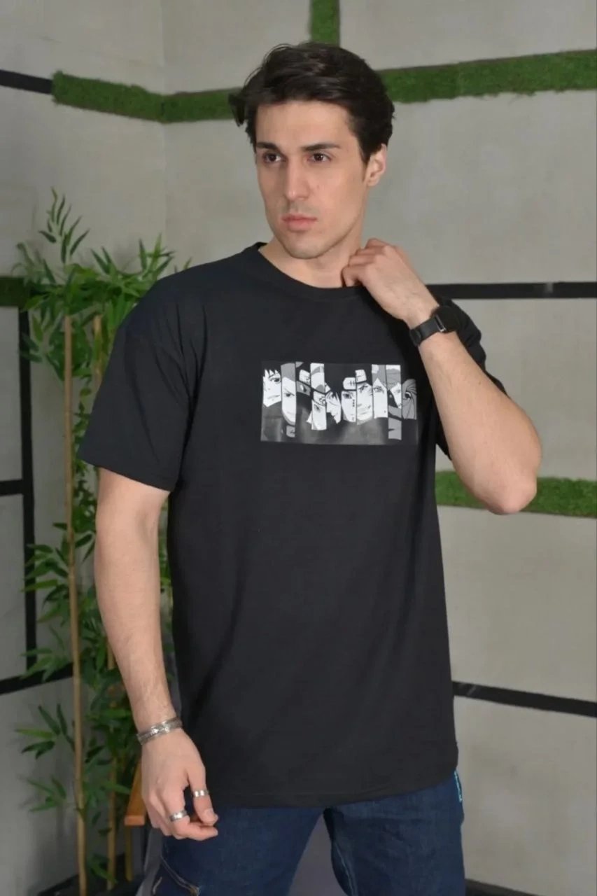 Ανδρικό Μαύρο Oversize Ποδήλατο Λαιμός Τυπωμένο Καλοκαιρινό Μπλουζάκι