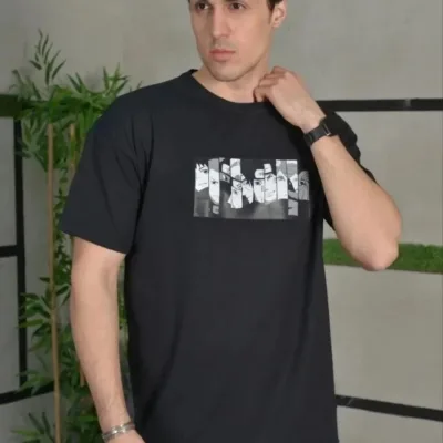 Машки црно Oversize бицикли јака печатена летна маица 1