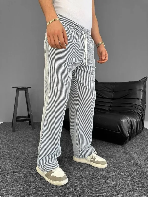 Muške sive ljetne pantalone sa prugama i džepovima 3