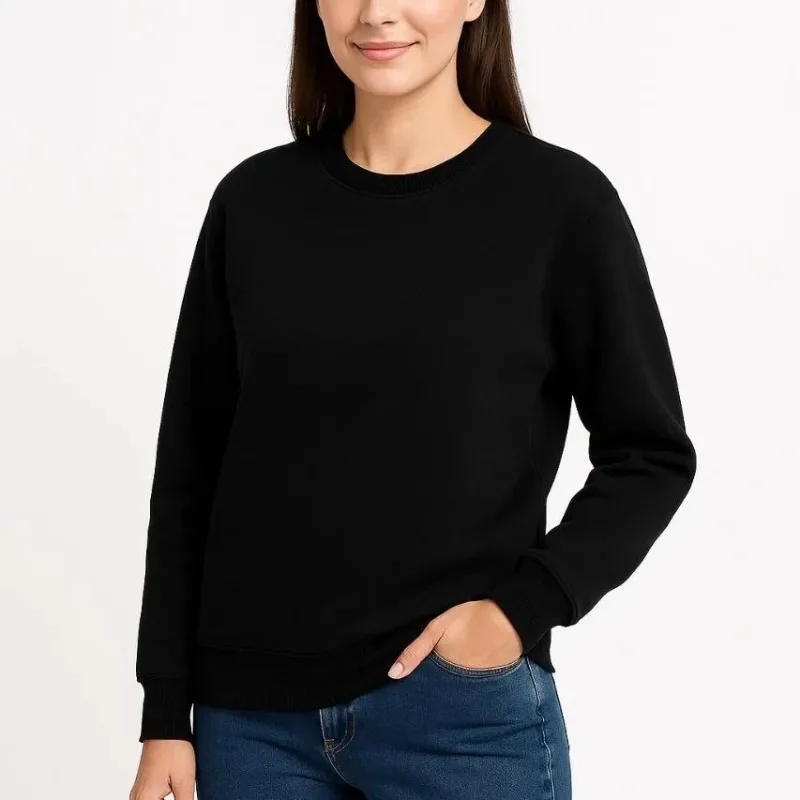 Women's Black 3-Thread Cotton Plain Crew Neck Sweatshirt