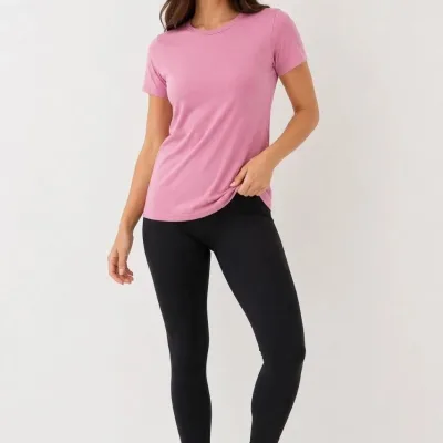 Ženska Ružičasta Slim Fit Biciklistička Kragna Basic Majica 2