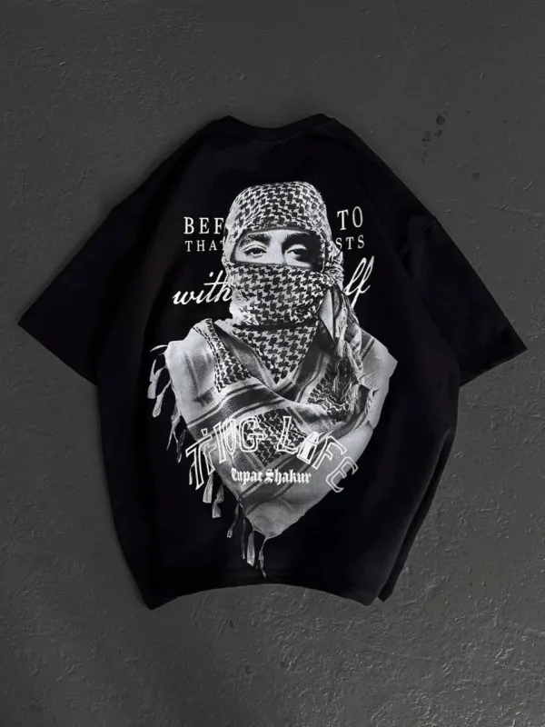 Tîşorta Jinan a Reş Oversize Bi Stûyê Bisîkletê Çapkirî ya Filistînê 3