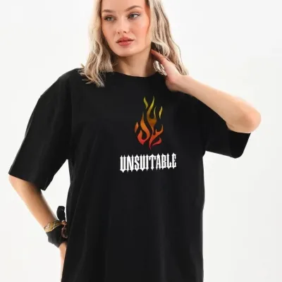 Γυναικείο Μαύρο Oversize Ποδηλατόλαιμο Τυπωμένο Μπλουζάκι 1