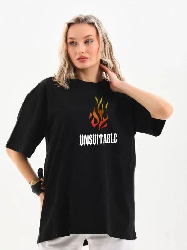 Γυναικείο Μαύρο Oversize Ποδηλατόλαιμο Τυπωμένο Μπλουζάκι 1