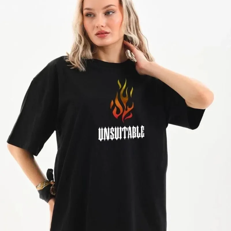 Γυναικείο Μαύρο Oversize Ποδηλατόλαιμο Τυπωμένο Μπλουζάκι