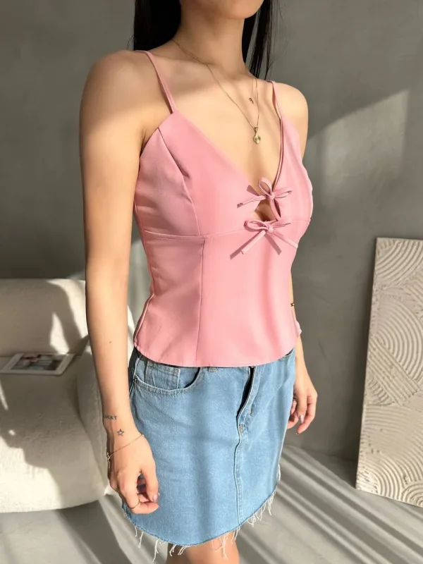 String Strap Bow Detail Crepe Blouse Powder 4