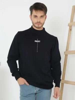 Muški crni oversize polu-rolka štampani pleteni džemper