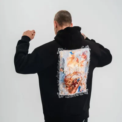 Pánska čierna oversize 3-niťová bavlnená mikina s kapucňou a potlačou 8
