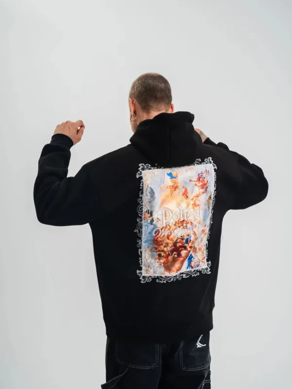 Pánska čierna oversize 3-niťová bavlnená mikina s kapucňou a potlačou 8