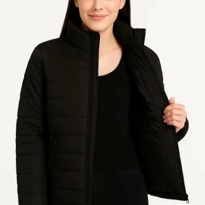 Women's Black Waterproof Quilted Lined Zippered Bomber Jacket 6