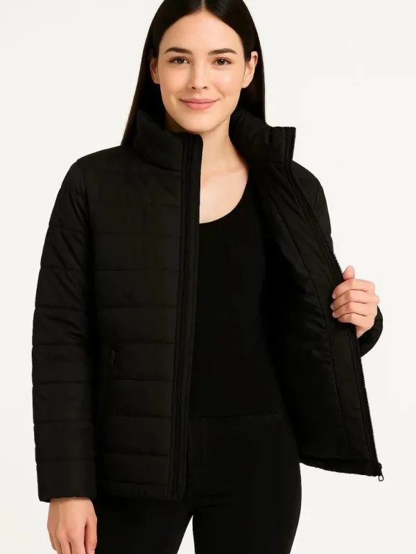 Women's Black Waterproof Quilted Lined Zippered Bomber Jacket 6