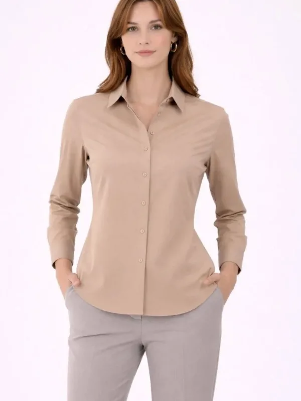Women's Beige Long Sleeve Button Down Classic Collar Daily Office Shirt 2