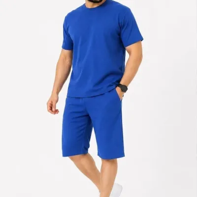 Bărbați Set 2 Piese Oversize Două Fire Țesătură Tricou Șort Set 8