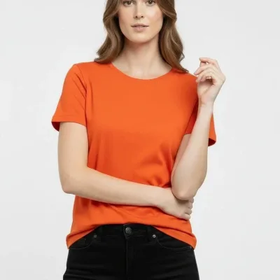 Γυναικείο Πορτοκαλί Slim Fit Στρογγυλή Λαιμόκοψη Με Λύκρα Βασικό T-Shirt 2