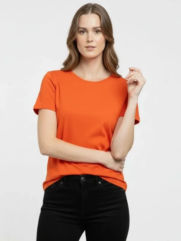 Γυναικείο Πορτοκαλί Slim Fit Στρογγυλή Λαιμόκοψη Με Λύκρα Βασικό T-Shirt 2