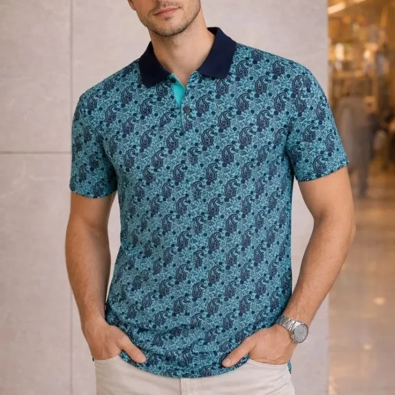 Man Turquoise Pique Fabric Polo Collar Palm Patterned T-Shirt