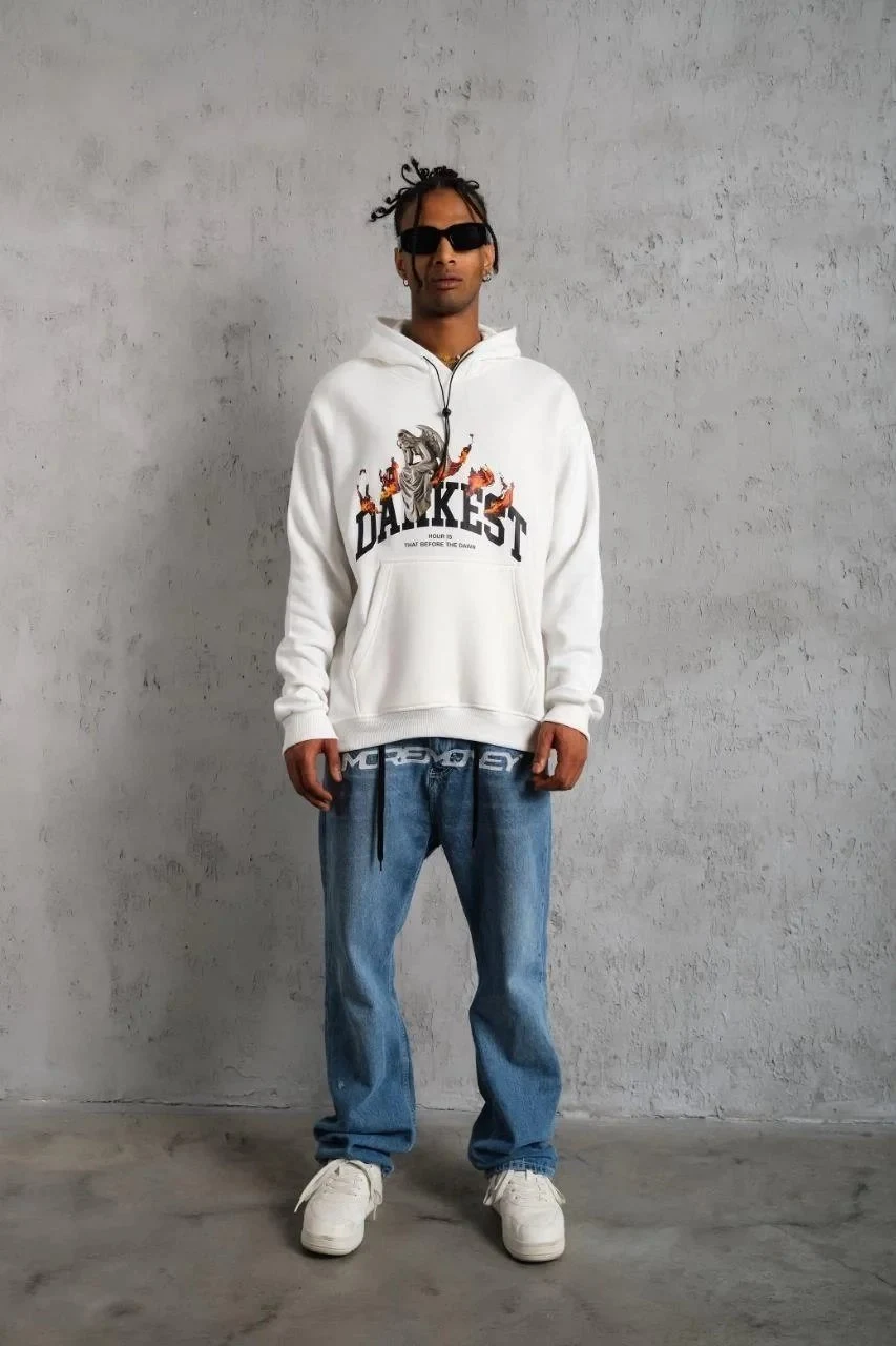 Férfi 3 Szálas Pamut Kapucnis Nyomtatott Zsebes Oversize Sweatshirt Hoodie - Fehér