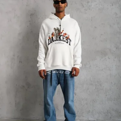 Férfi 3 Szálas Pamut Kapucnis Nyomtatott Zsebes Oversize Sweatshirt Hoodie - Fehér 1