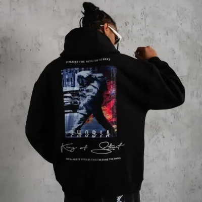 Muški crni oversize 3-niti pamučni s kapuljačom tiskani sweatshirt 3