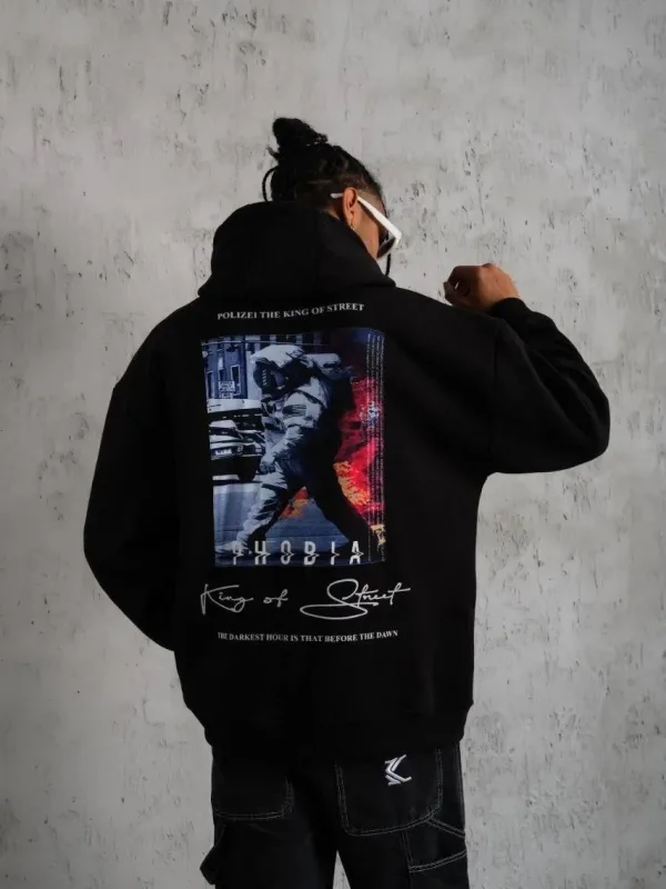 Muški crni oversize 3-niti pamučni s kapuljačom tiskani sweatshirt 3