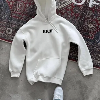 Férfi Fehér 3 Szálas Pamut Nyomott Kapucnis Kenguru Zsebes Sweatshirt 2
