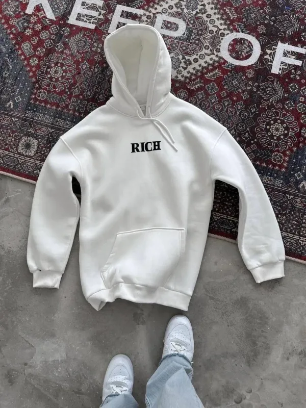 Férfi Fehér 3 Szálas Pamut Nyomott Kapucnis Kenguru Zsebes Sweatshirt 2