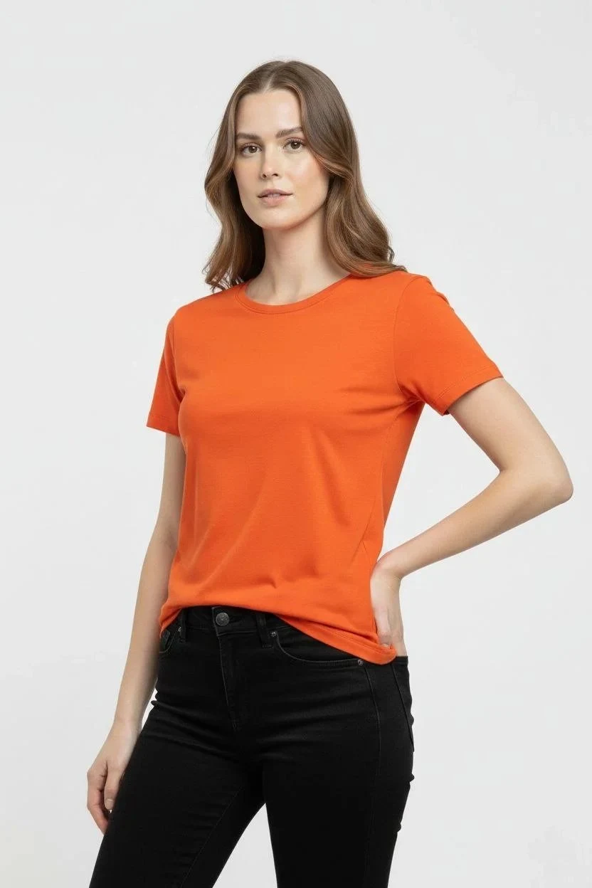 Γυναικείο Πορτοκαλί Slim Fit Στρογγυλή Λαιμόκοψη Με Λύκρα Βασικό T-Shirt