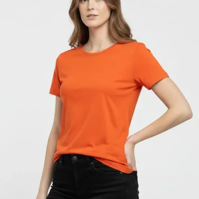 Γυναικείο Πορτοκαλί Slim Fit Στρογγυλή Λαιμόκοψη Με Λύκρα Βασικό T-Shirt 1