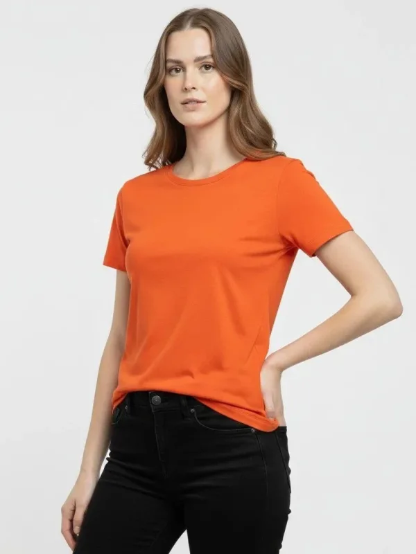 Γυναικείο Πορτοκαλί Slim Fit Στρογγυλή Λαιμόκοψη Με Λύκρα Βασικό T-Shirt 1