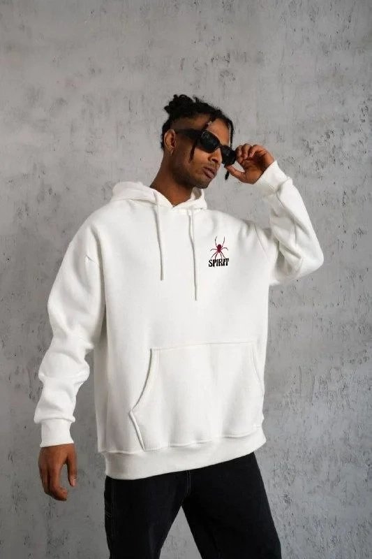 Ανδρικό Λευκό Oversize 3-κλωνο Βαμβακερό Κουκουλοφόρο με Τυπωμένο Σχέδιο και Τσέπες Sweatshirt