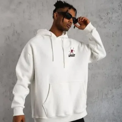 Sweatshirtê Mêran ê Spî Oversize 3 Têl Pembû Bi Kapsûn, Çapkirî û Bêrîk 1