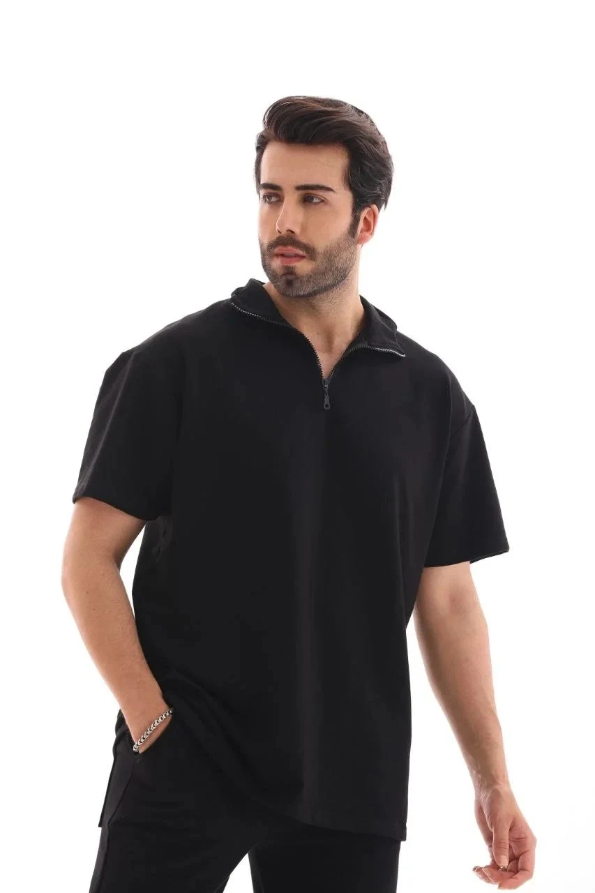Erkek Siyah Oversize Yarım Fermuarlı Düz Tişört