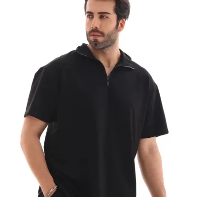 Kişi Qara Oversize Yarım Fermuarlı Düz Köynək 1