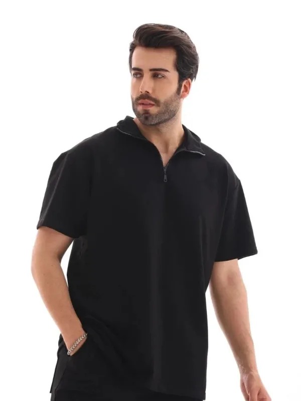 Kişi Qara Oversize Yarım Fermuarlı Düz Köynək 1
