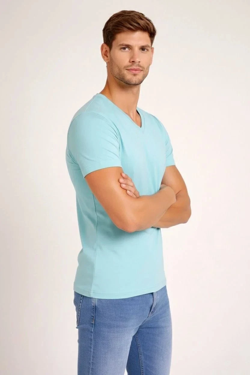 Bluzë pa printim me jakë V dhe likra, slim fit, ngjyrë bruz për meshkuj