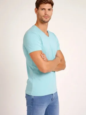 Bluzë pa printim me jakë V dhe likra, slim fit, ngjyrë bruz për meshkuj