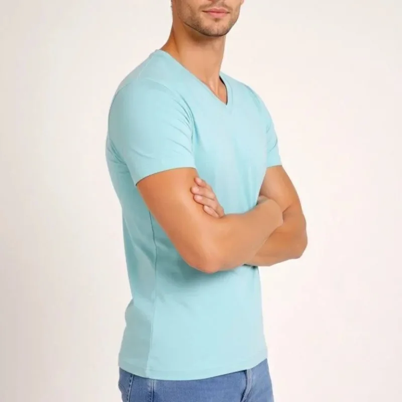 Men's Turquoise Slim Fit Stretch V-Neck Plain T-Shirt