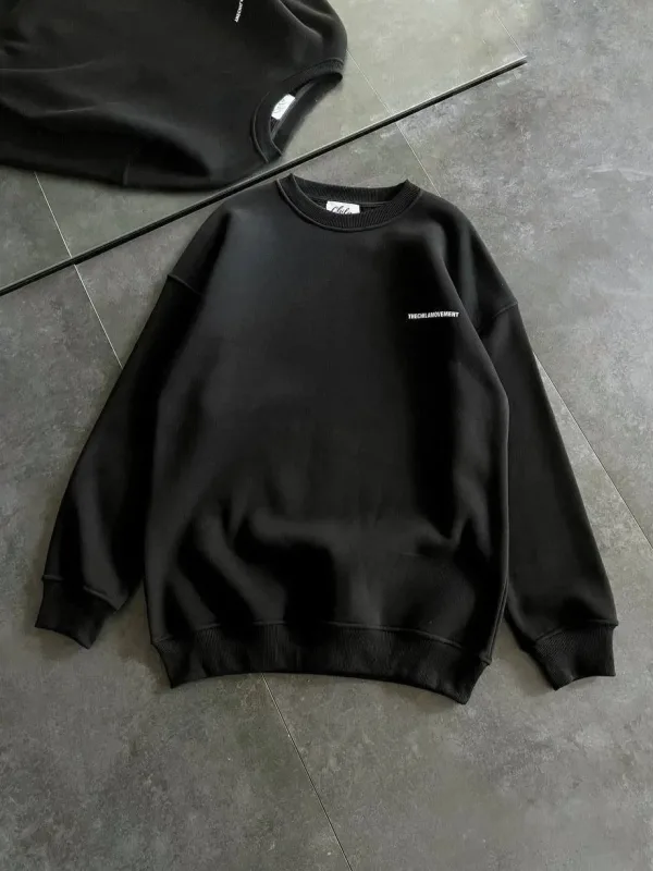 Femea Negru Oversize Guler Bicicletă Imprimat Bumbac Sweatshirt 4