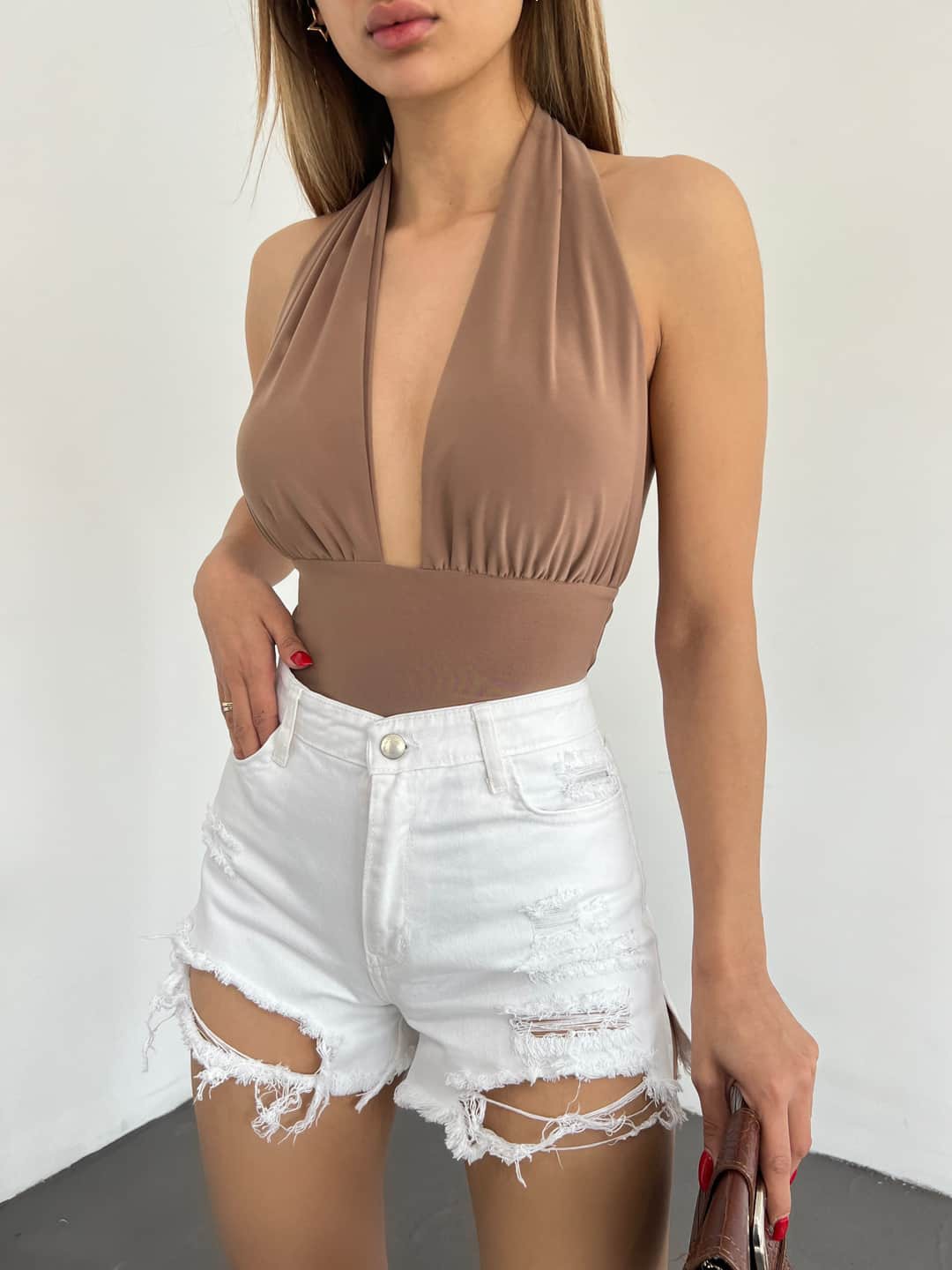 Yumalı Lazer Yırtıqlı Mini Denim Şort Ağ 5