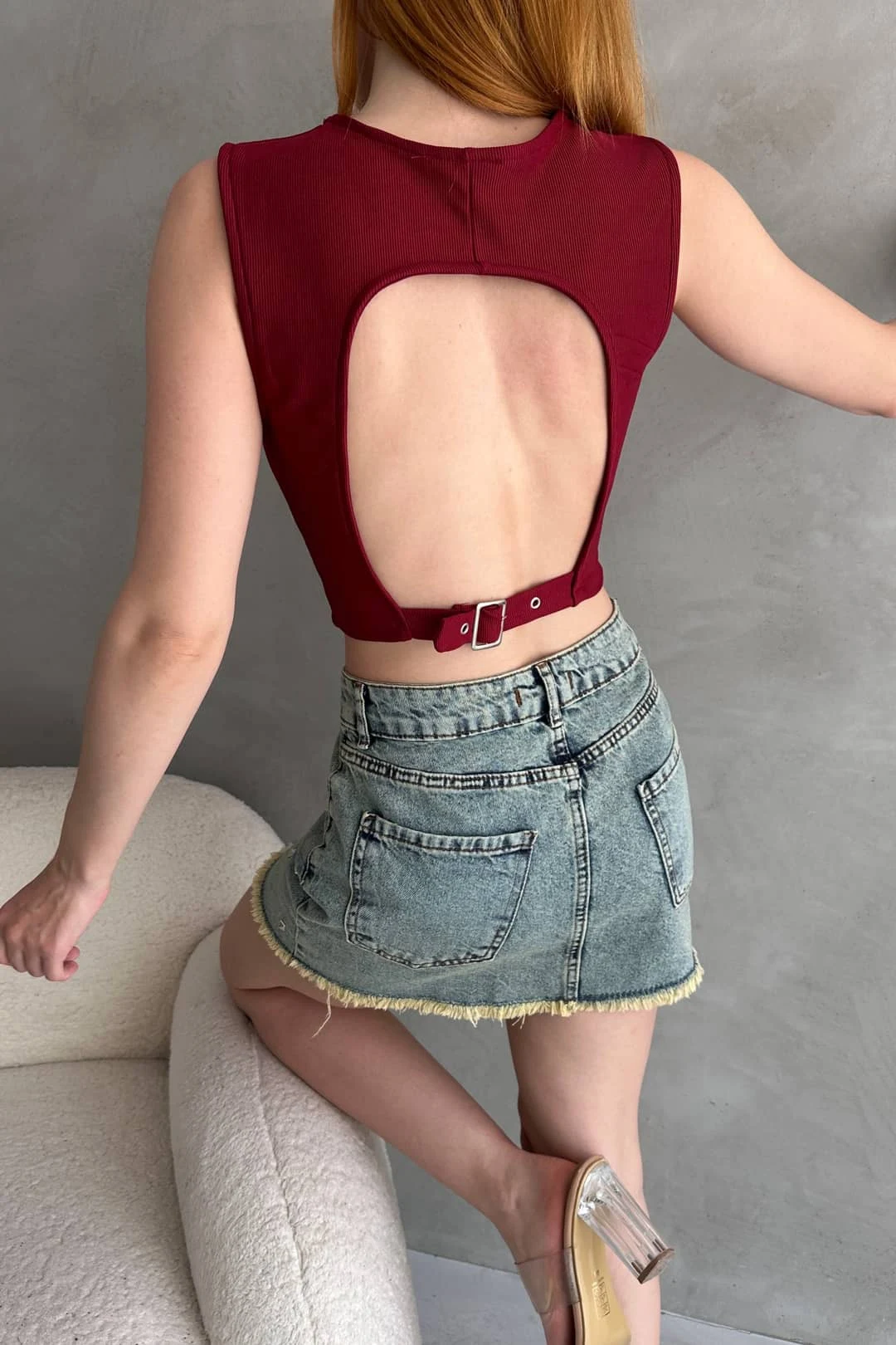 Bluzë Crop Corset me Detaje Rripi në Shpinë Burgundy