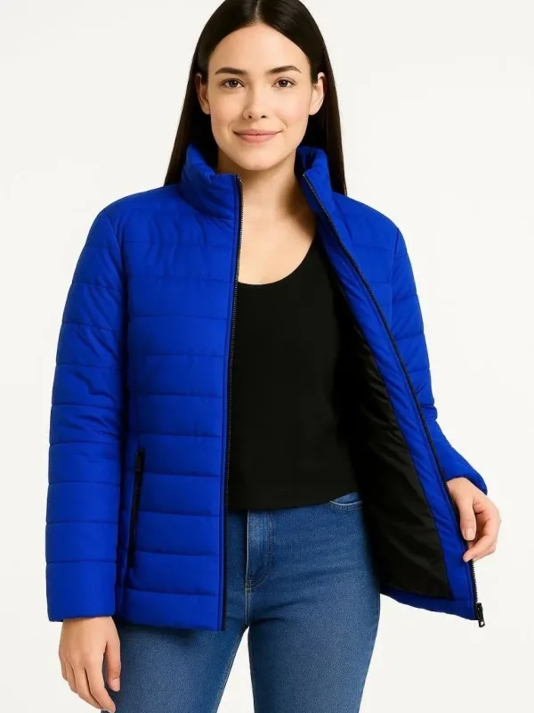 Women's Sax Blue Water-Repellent Quilted Lined Zippered Bomber Jacket 1